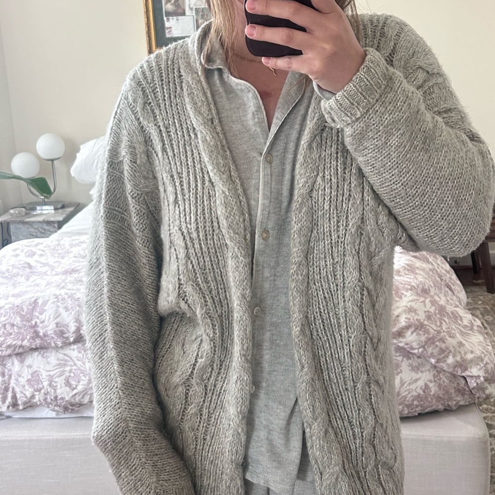 Cozy Grey Cable Knit Cardigan Size Medium